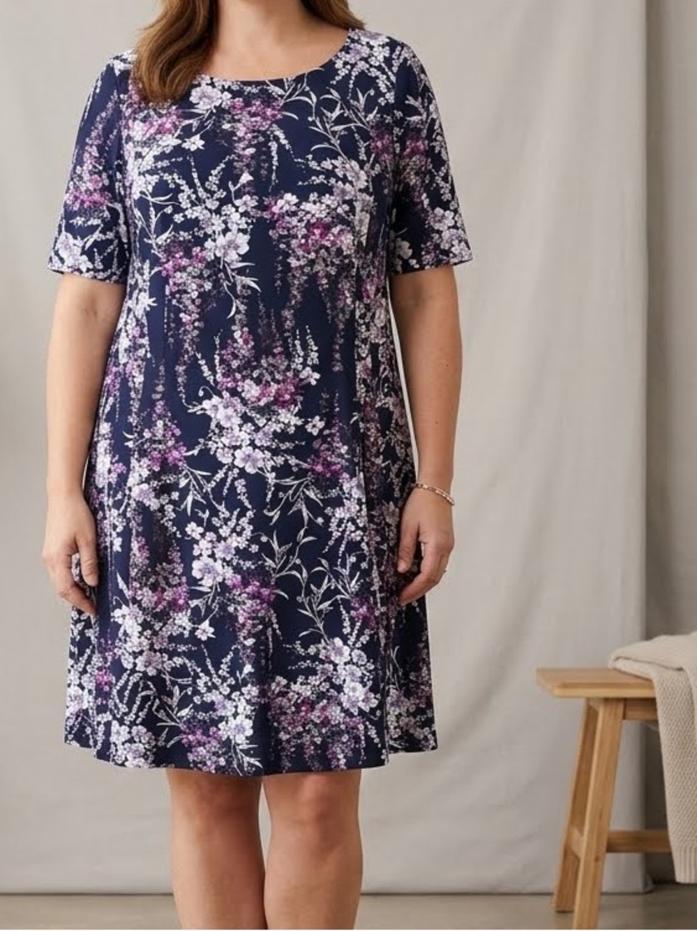 Roz & Ali Dress short sleeve stretch Navy Purple Floral Midi Scoop Pockets 18